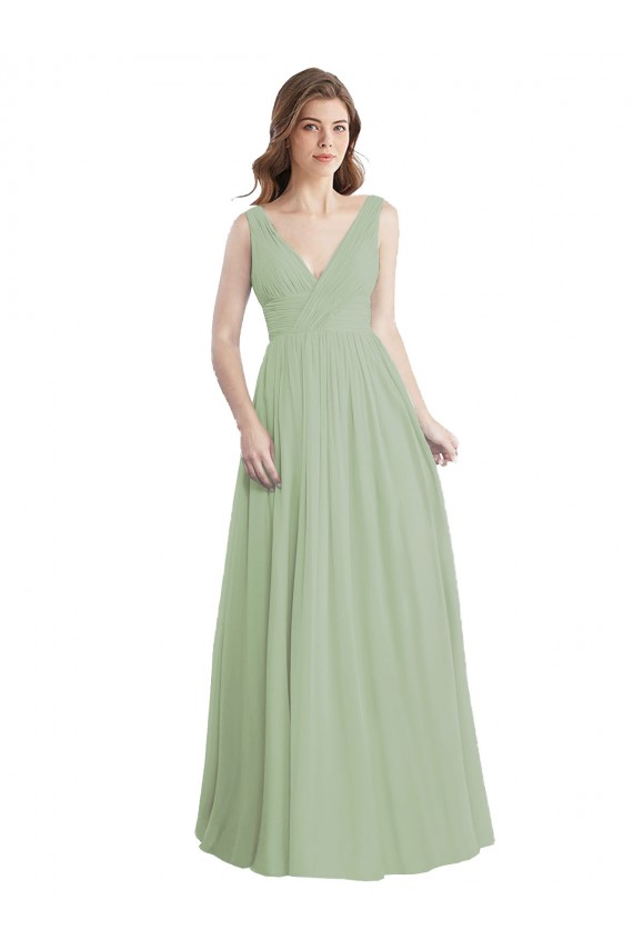 V-Neck A-Line Long Chiffon Bridesmaid Dress with Draped Bodice Canada