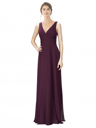 Shop Long Chiffon Bridesmaid Dress with Ruched Criss Cross V-Neck Bodice Canada