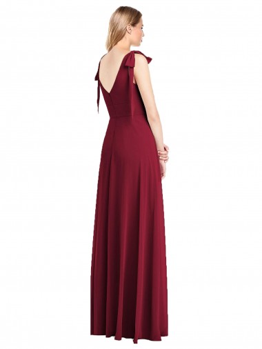 Full Length Bow-Shoulder V-Back Chiffon Bridesmaid Dress with Front Slit Canada