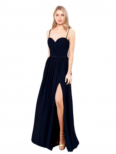 Draped A-Line Chiffon Formal Bridesmaid Dress with Spaghetti Straps and High Slit Canada