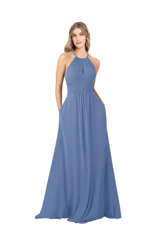 Draped High Neck Keyhole Back Bridesmaid Dress with Front Slit Canada