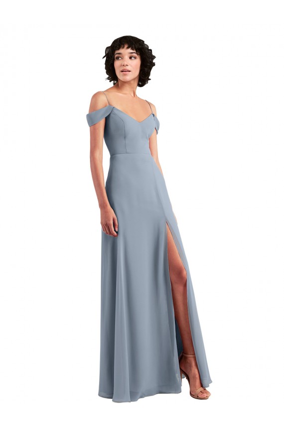Off the Shoulder Folded Sleeve Long Chiffon Bridesmaid Dress with High Side Slit Canada