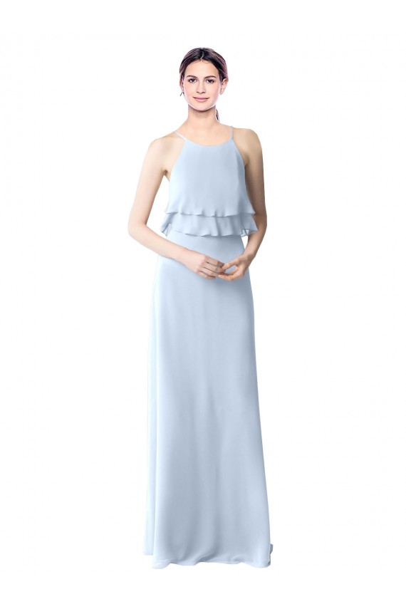 High Narrow Neck Long Chiffon Bridesmaid Dress with Tiered Ruffles Canada