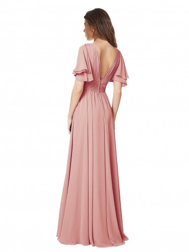 Flutter Sleeves Plunging V-Neck Boho Chiffon Bridesmaid Dress Canada