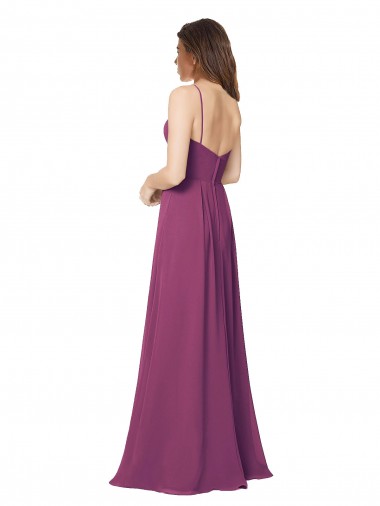Halter Neck Long Pleated Chiffon Bridesmaid Dress with Pockets Canada