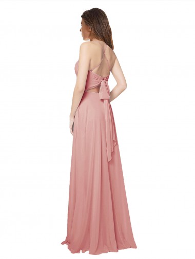 Open Back Wide Tie Band Long Chiffon Bridesmaid Dress with Pockets Canada