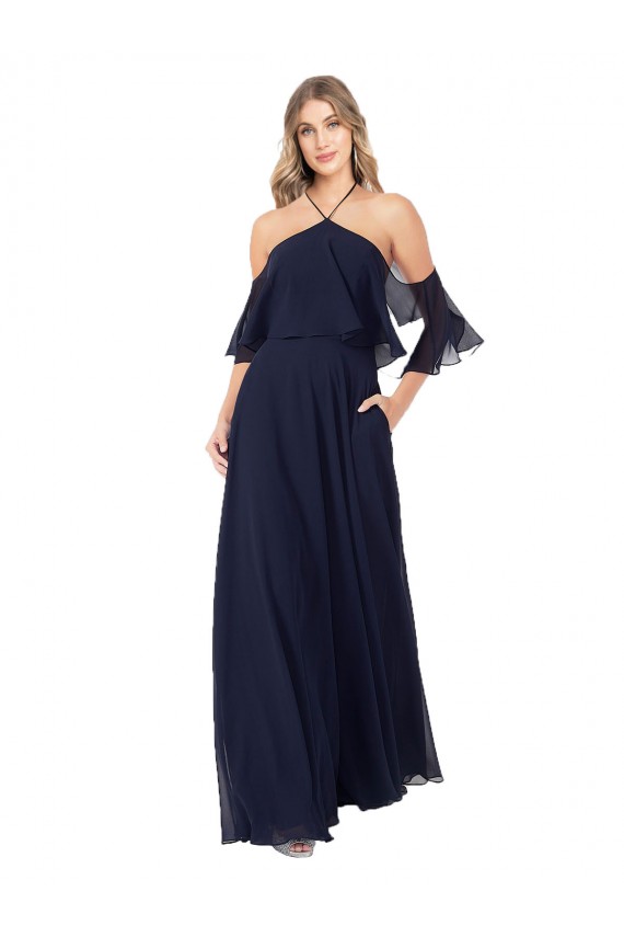 Halter Neck Cold Shoulder Flutter Sleeves Bridesmaid Dress Canada