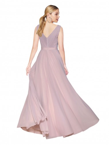 Draped V-Neck Long Chiffon Bridesmaid Dress / Formal Prom Dress with Shirred Bodice Canada