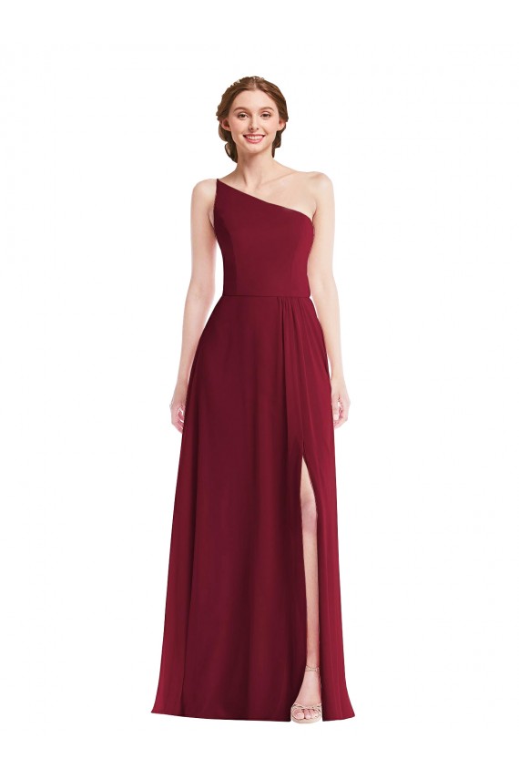 One Shoulder Chiffon Maxi Bridesmaid Dress with Shirred Front Slit Canada