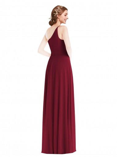 One Shoulder Chiffon Maxi Bridesmaid Dress with Shirred Front Slit Canada