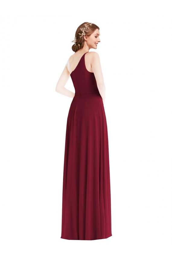 One Shoulder Chiffon Maxi Bridesmaid Dress with Shirred Front Slit Canada