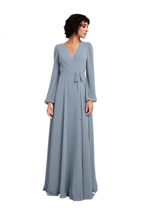 Wrap Style Long Sleeves Chiffon Bridesmaid Dress with Pleated Bodice Canada