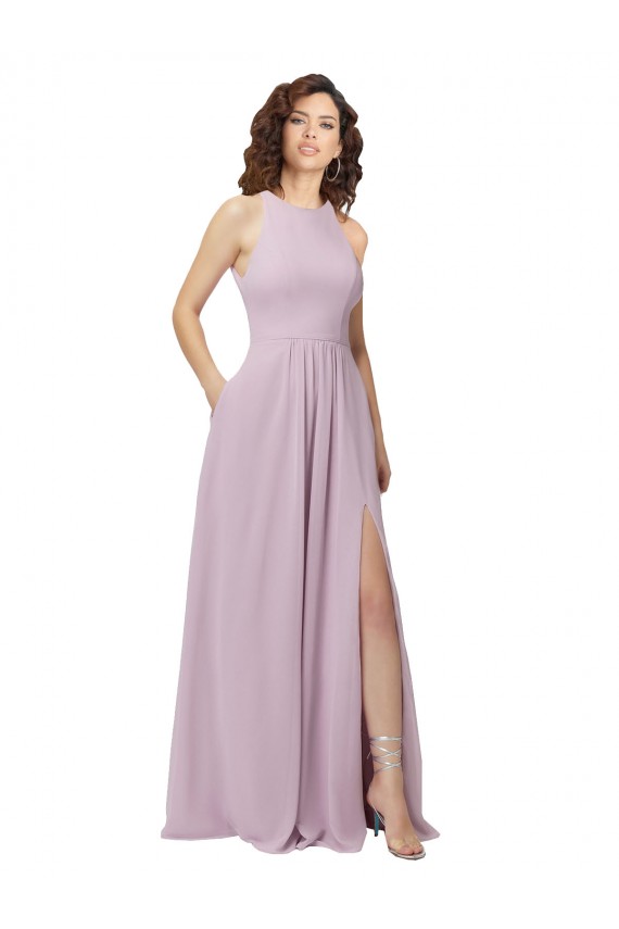 High-Halter Chiffon Bridesmaid Dress with Keyhole Cowl Back Canada