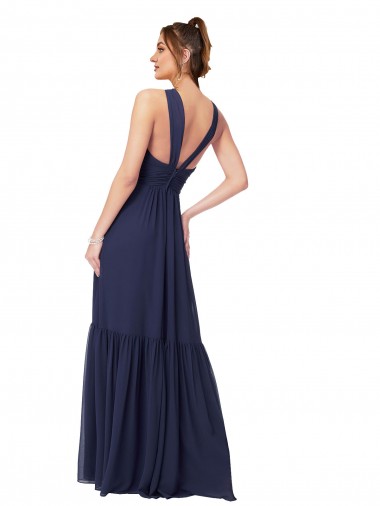 Floor Length Deep V-Neck Ruched Chiffon Long Bridesmaid Dress Canada