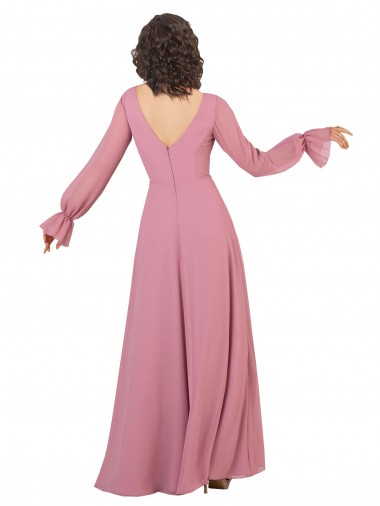 Long Sleeve Chiffon Bridesmaid Dress with Bow Detail Canada