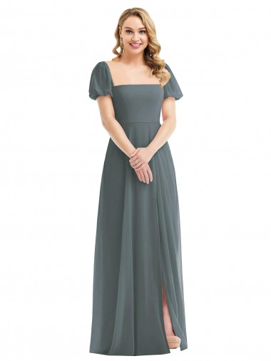 Shop Puff Sleeves Chiffon Maxi Bridesmaid Dress with Front Slit Canada