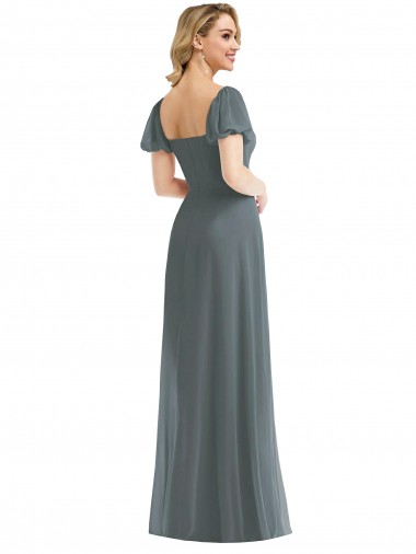Puff Sleeves Chiffon Maxi Bridesmaid Dress with Front Slit Canada