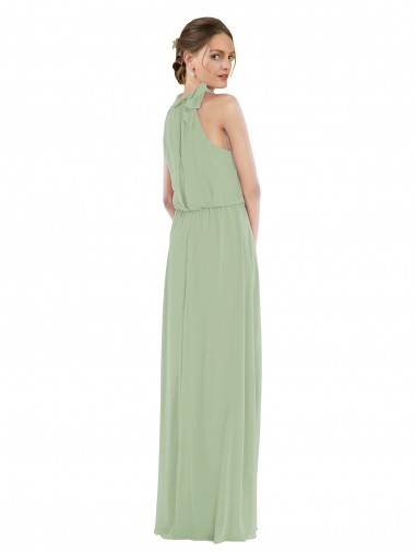 High Neck Scarf Tie Blouson Bodice Maxi Bridesmaid Dress with Front Slit Canada