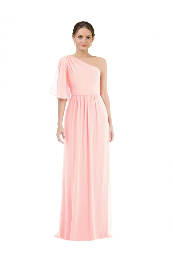 One Shoulder Bell Sleeves Chiffon Maxi Bridesmaid Dress