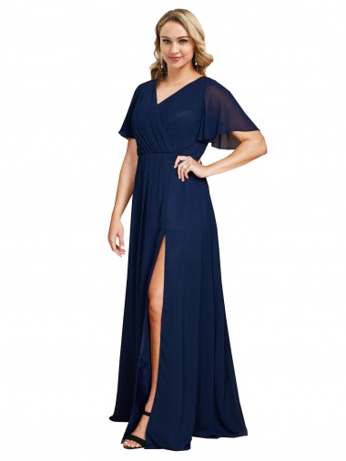 Chiffon V-Neck Short Sleeves Long Formal Bridesmaid Dress / Prom Dress with High Slit Canada