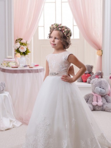 Shop Ivory Ball Gown Bateau Neck Chapel Train V-Back Flower Girl Dress Canada