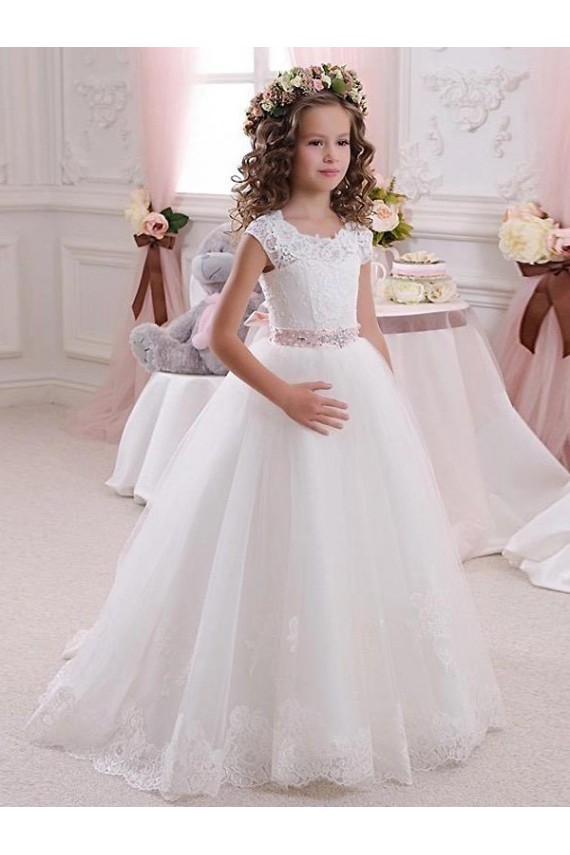Ivory Ball Gown High Neck Floor Length Keyhole Back Flower Girl Dress