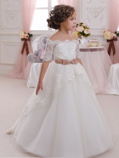 Shop Ivory Ball Gown High Neck Floor Length Short Sleeve Flower Girl Dress Canada