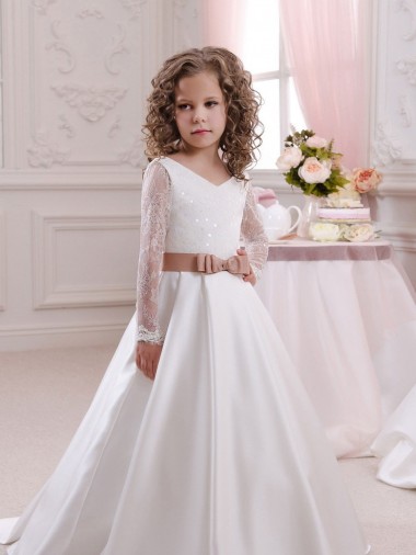 Shop Ivory Ball Gown V-Neck Chapel Train Long Sleeve Flower Girl Dress Canada