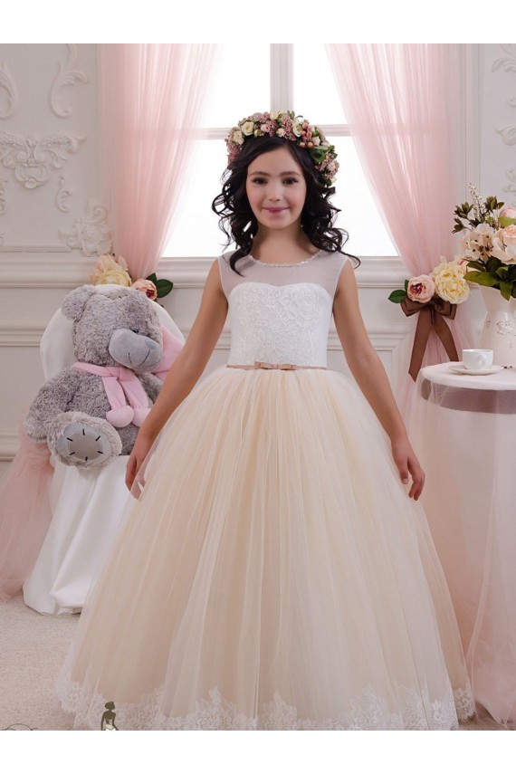 Ivory & Champagne Ball Gown Sweetheart Floor Length Sleeveless Flower Girl Dress