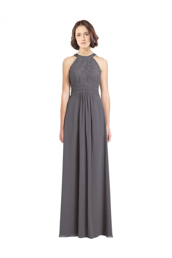 Long Chiffon Bridesmaid Dress with Corded Lace Bodice