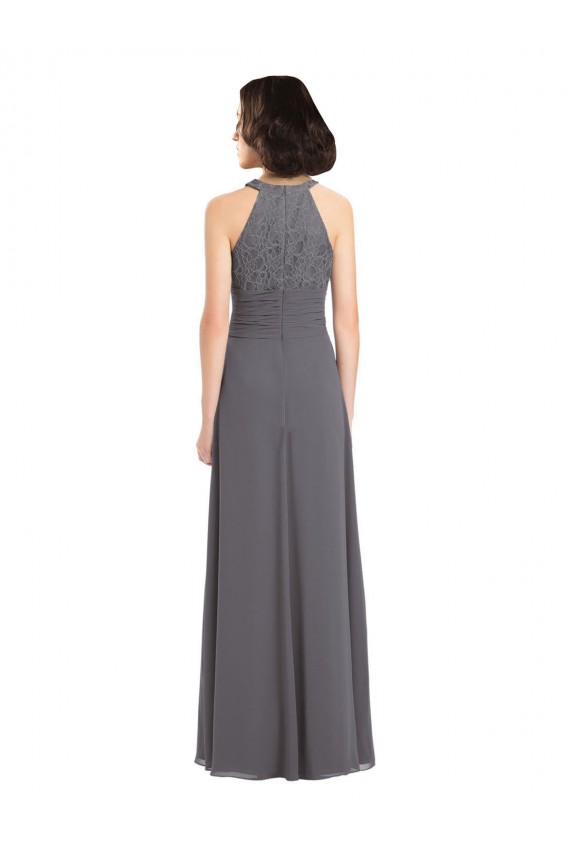 Long Chiffon Bridesmaid Dress with Corded Lace Bodice