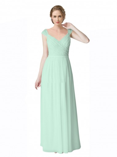 Shop Long Chiffon Bridesmaid Dress with Corded Lace V-Neck Bodice Canada