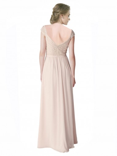 Long Chiffon Bridesmaid Dress with Corded Lace V-Neck Bodice Canada