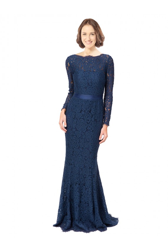 Long Sleeves Floor Length Vintage Lace Bridesmaid Dress with Deep V-Back
