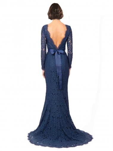 Long Sleeves Floor Length Vintage Lace Bridesmaid Dress with Deep V-Back Canada