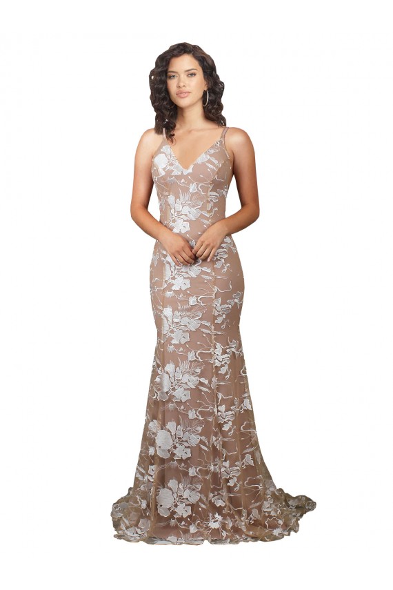 Fishtail Shaped V-Neck Embroidered Foral Lace Wedding Dress