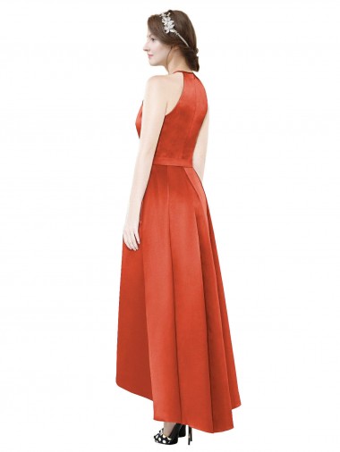 Full Length Halter Satin Bridesmaid Dress with Hi-Low Hem Detail Canada