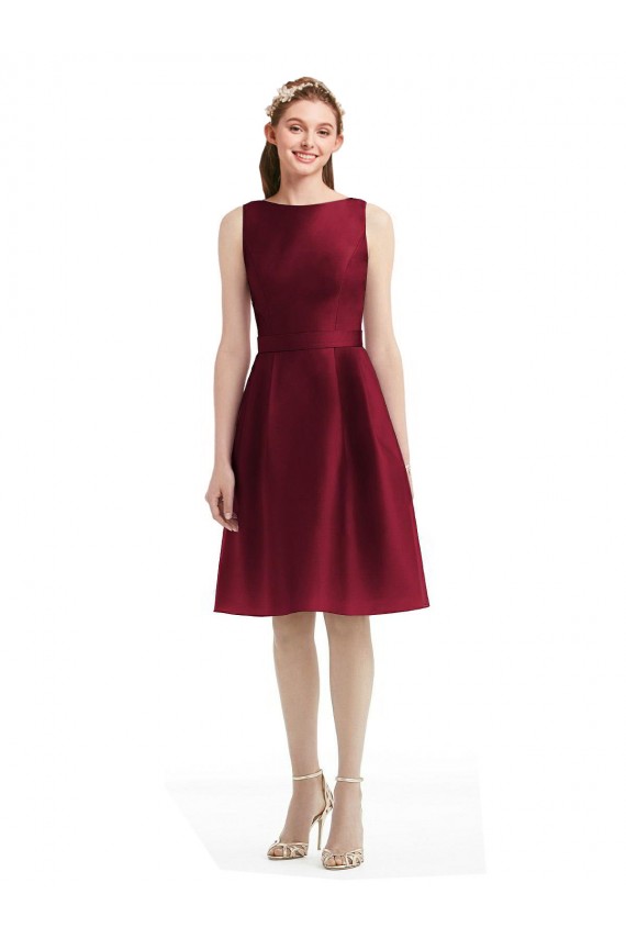 Short Midi Length Satin Cocktail Bridesmaid Dress with Bateau Neckline and V-Back Canada