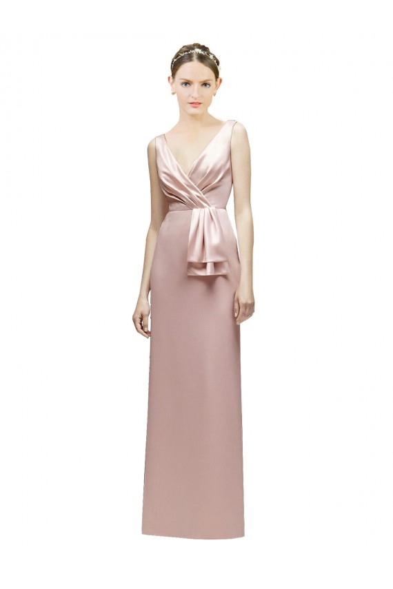 Sleeveless V-Neck Long Satin Bridesmaid Dress with Draped Bodice and Tiered Bow Canada