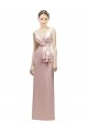 Sleeveless V-Neck Long Satin Bridesmaid Dress with Draped Bodice and Tiered Bow Canada