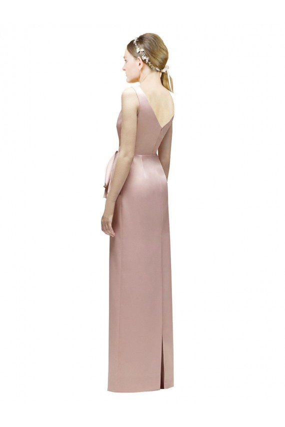 Sleeveless V-Neck Long Satin Bridesmaid Dress with Draped Bodice and Tiered Bow Canada