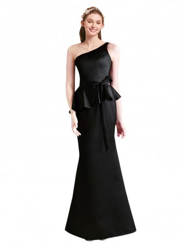 Long One Shoulder Satin Bridesmaid Dress with Bow Ties Canada