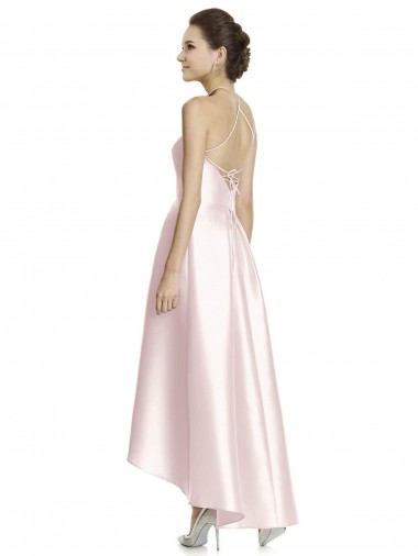 Long High-Low Halter Satin Bridesmaid Dress with Criss-Cross Back Canada