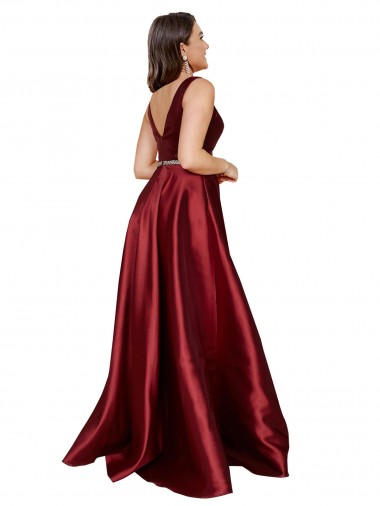 Sleeveless Deep V-Neck A-Line Formal Satin Bridesmaid Dress / Prom Dress with Pockets Canada