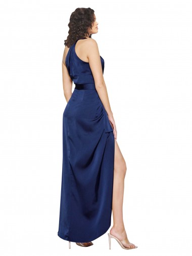 Full Length High Neck Wrap Formal Silky Satin Bridesmaid Dress / Prom Dress with Waist Tie Canada