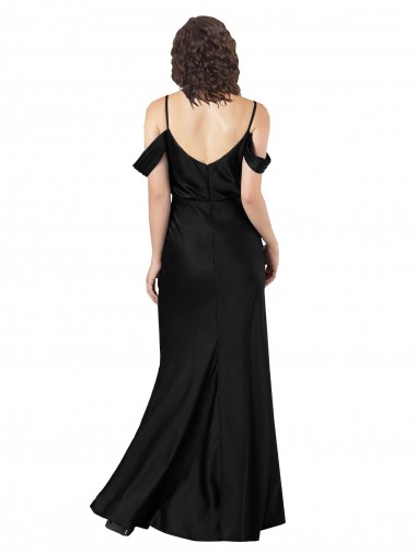 Off the Shoulder Sleeves Formal Silky Satin Bridesmaid Dress / Prom Dress with Skirt Slit Canada