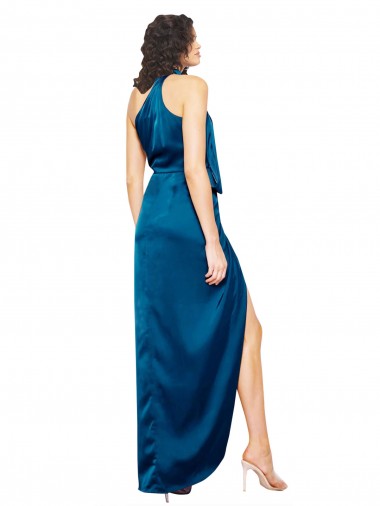 High Halter Neck Formal Silky Satin Bridesmaid Dress / Prom Dress with Sash Overlay and Side Split Canada