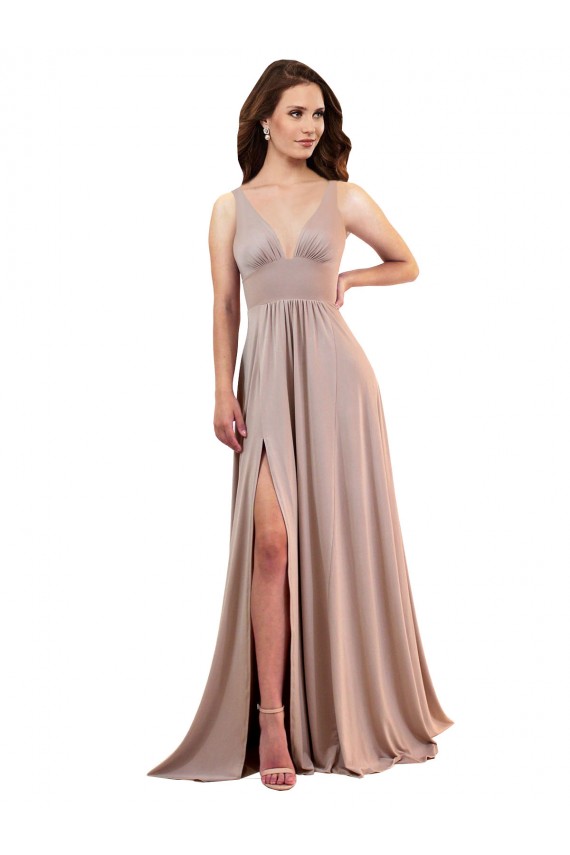 Long A-Line Plunge V-Neckline Formal Spandex Bridesmaid Dress / Prom Dress with Slit