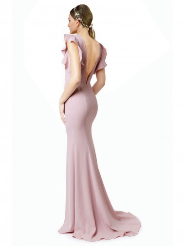 Low V-Back Long Mermaid Crepe Bridesmaid Dress / Prom Dress with Ruffled Sleeves Canada