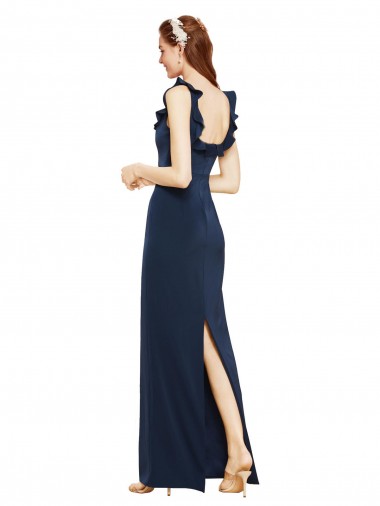 Scoop Neck with Ruffles Long Formal Crepe Bridesmaid Dress / Prom Dress with Back Slit Canada